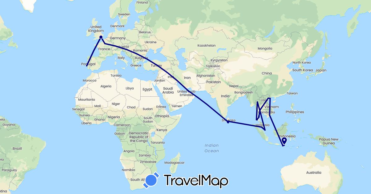 TravelMap itinerary: driving in United Arab Emirates, France, United Kingdom, Indonesia, Sri Lanka, Malaysia, Portugal, Singapore, Thailand, Vietnam (Asia, Europe)